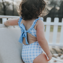 Load image into Gallery viewer, Blue Gingham Bow Back Swimsuit: 5T

